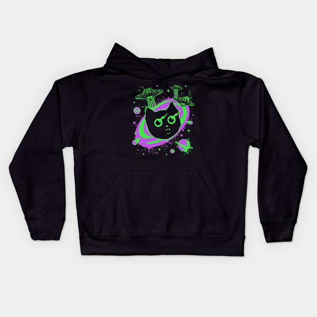 Galaxy Cat UFO Funny Cat With Laser Eyes Kids Hoodie by Wasabi Snake